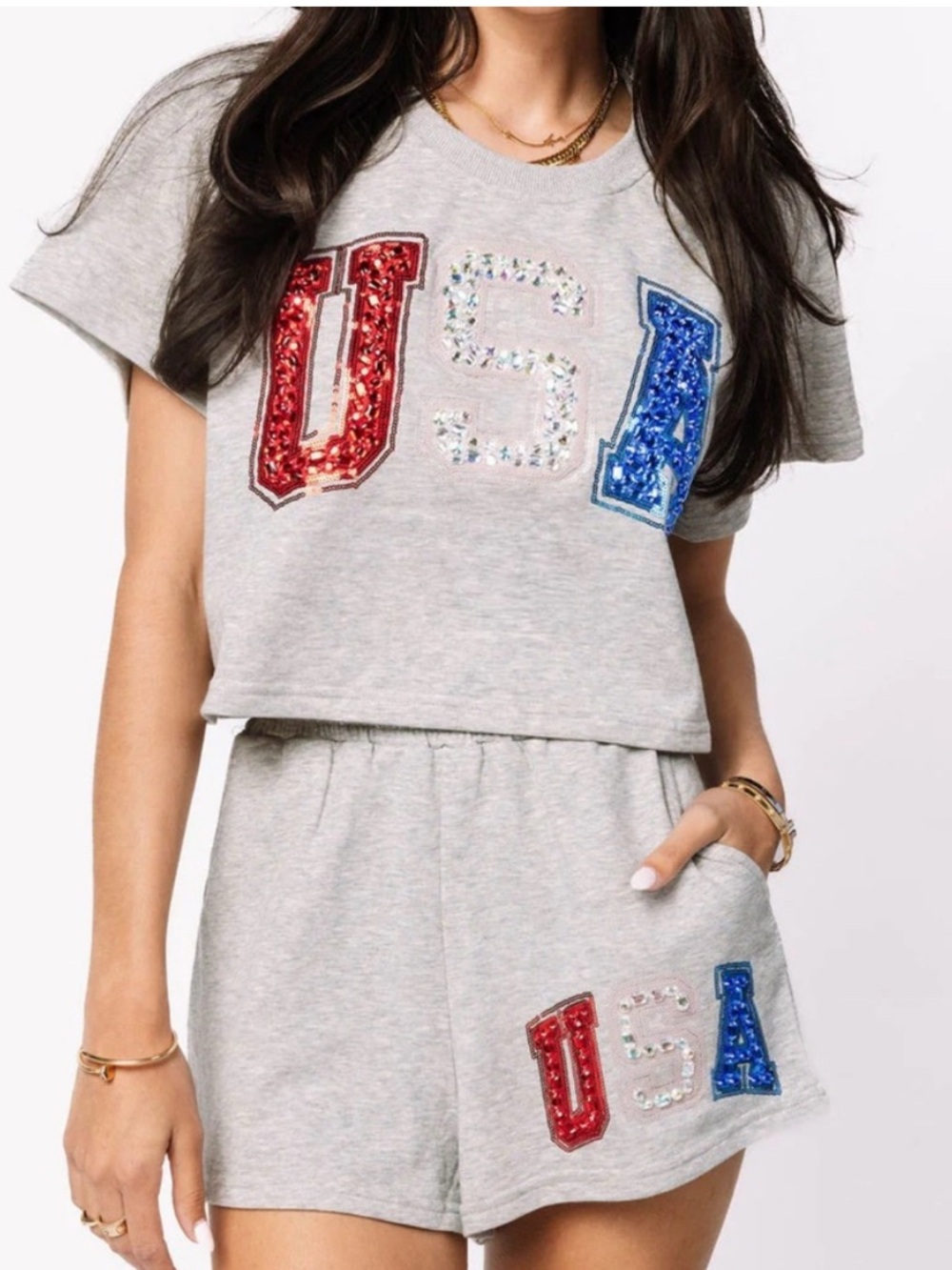 QUEEN OF SPARKLES Gray Athletic Shorts with Red, Blue & Iridescent Sequin USA